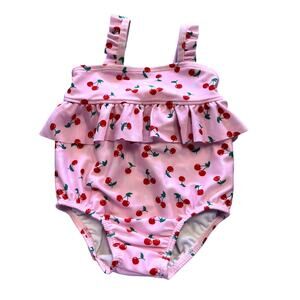 Baby Girls One Piece Pink Swimsuit Cherry Ruffle Size 6-9 Mo